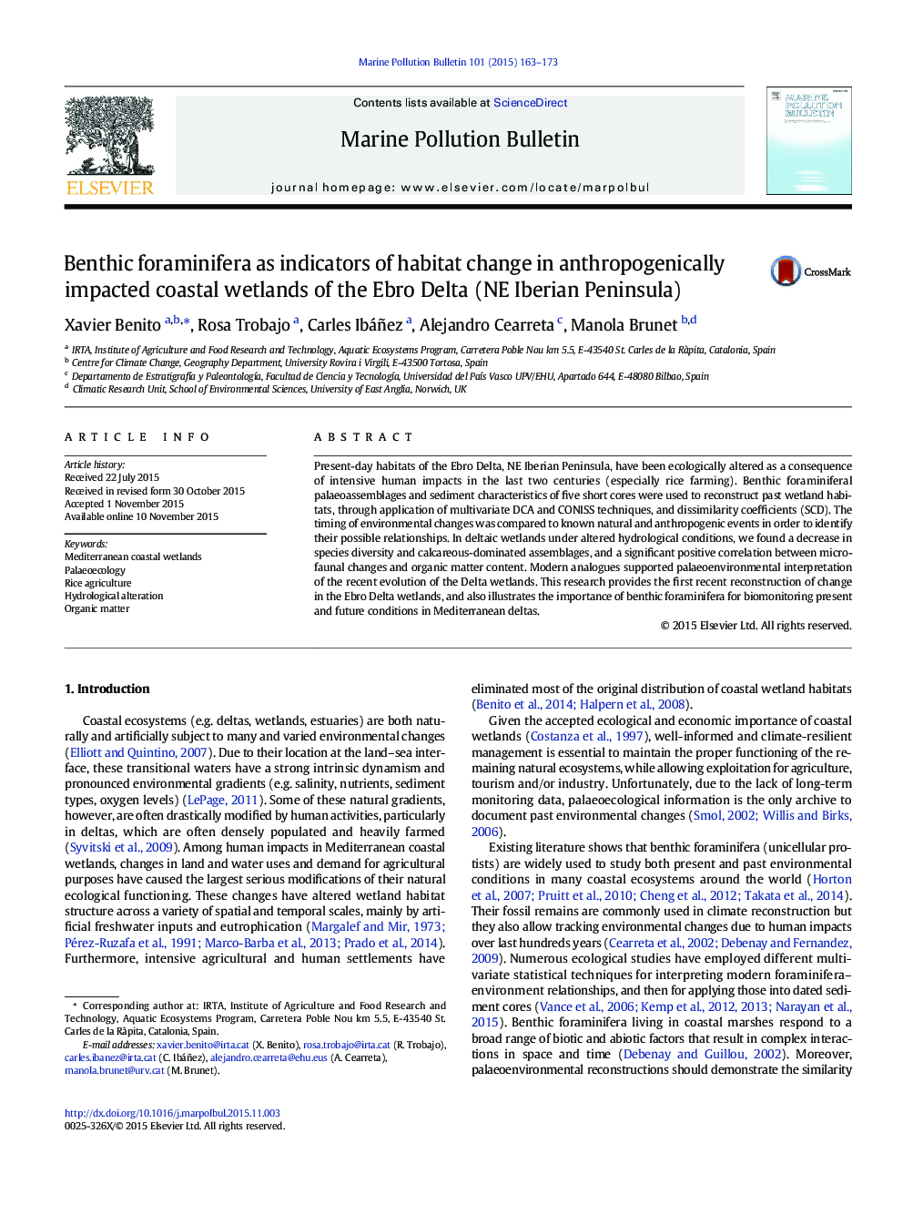 Benthic foraminifera as indicators of habitat change in anthropogenically impacted coastal wetlands of the Ebro Delta (NE Iberian Peninsula)