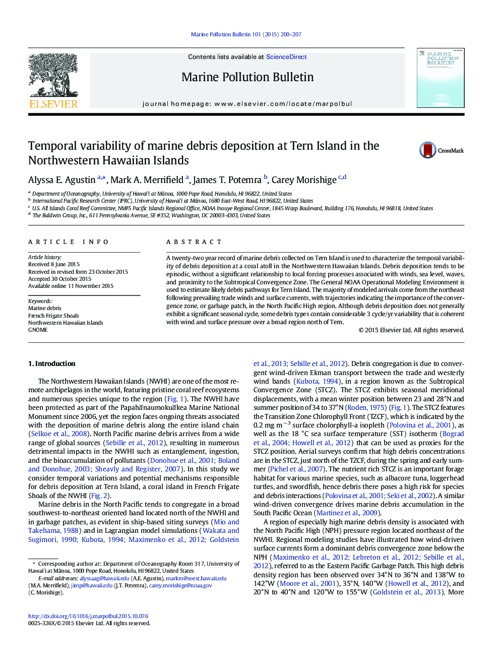 Temporal variability of marine debris deposition at Tern Island in the Northwestern Hawaiian Islands