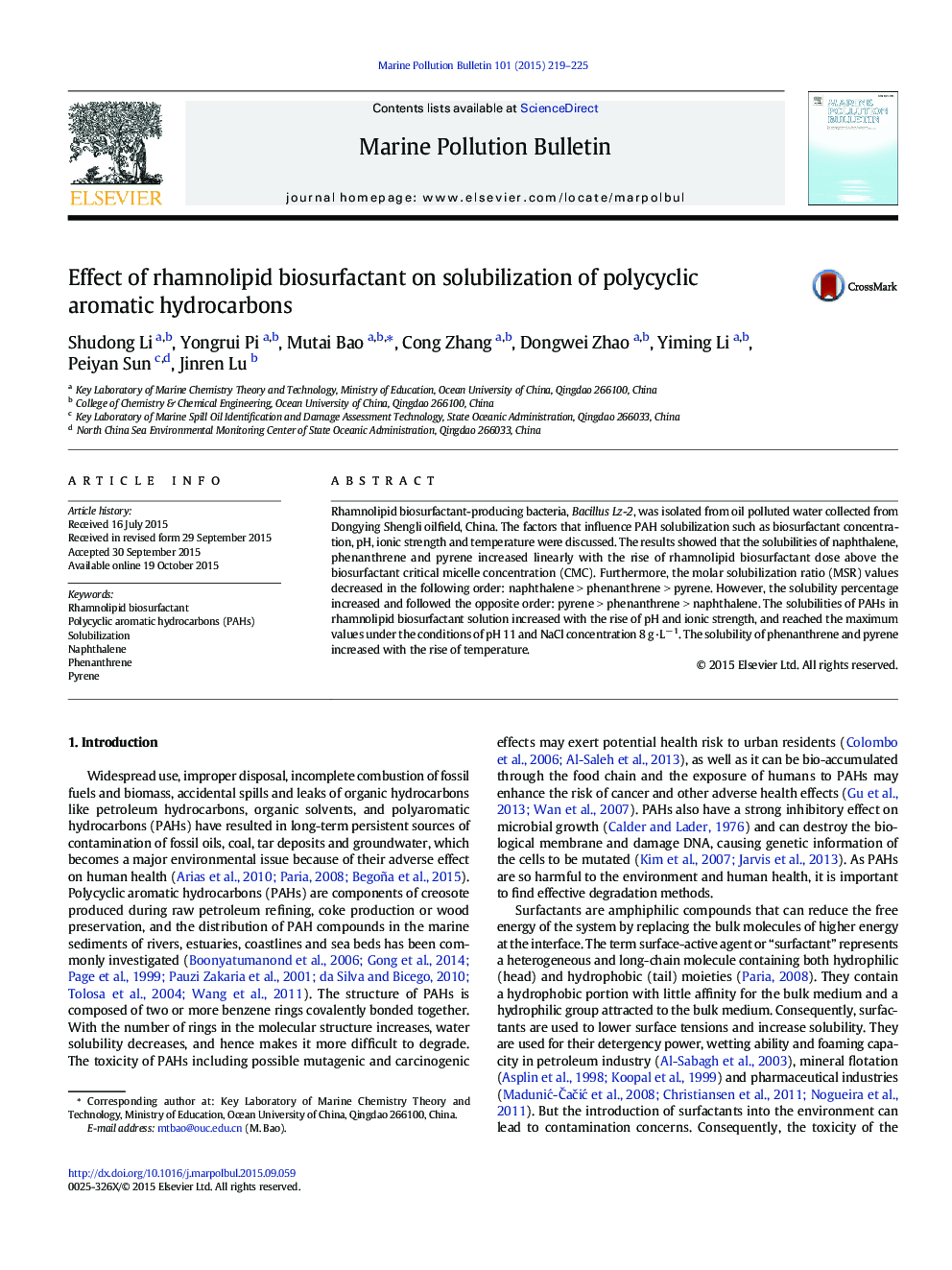 Effect of rhamnolipid biosurfactant on solubilization of polycyclic aromatic hydrocarbons