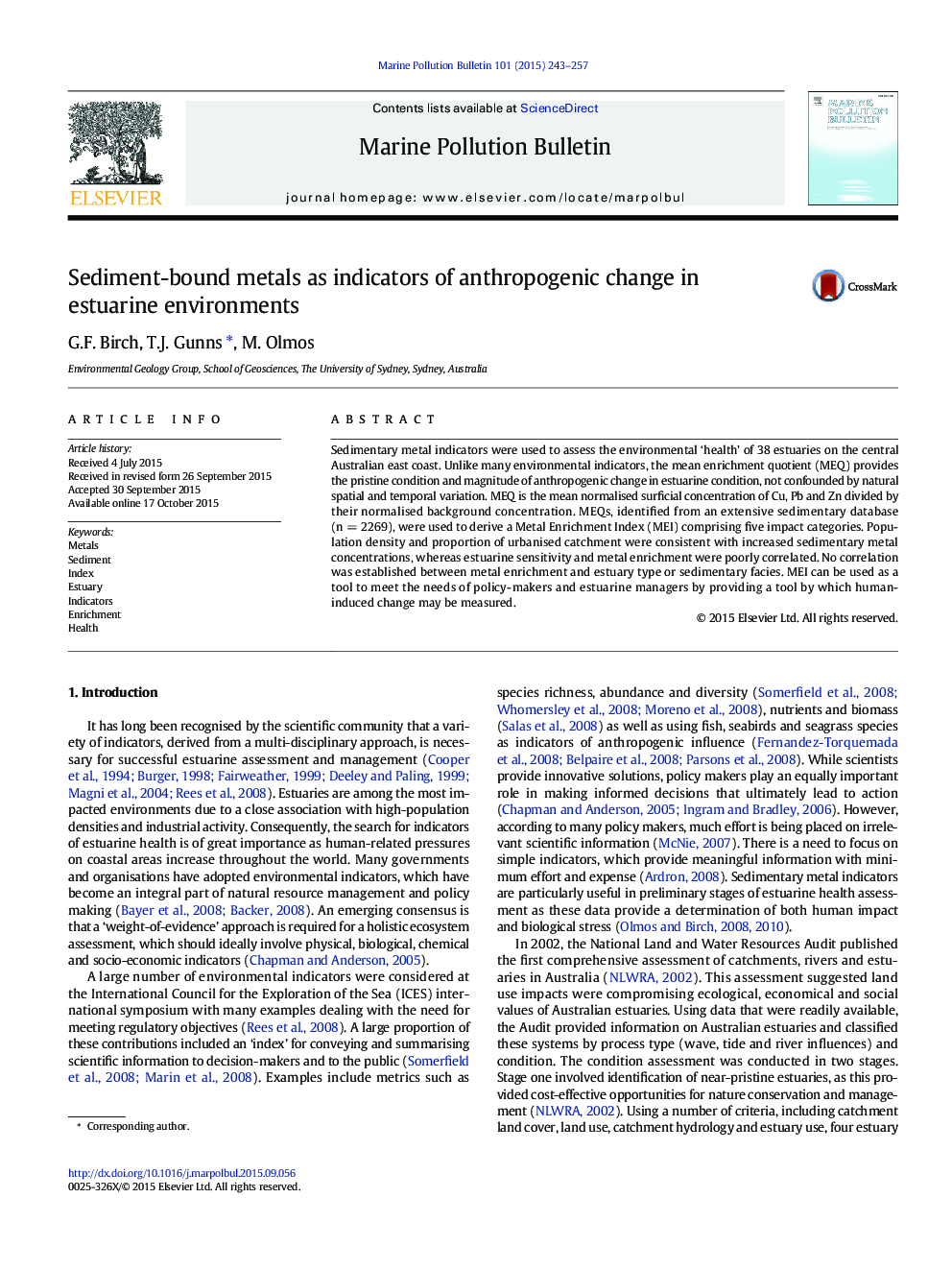 Sediment-bound metals as indicators of anthropogenic change in estuarine environments