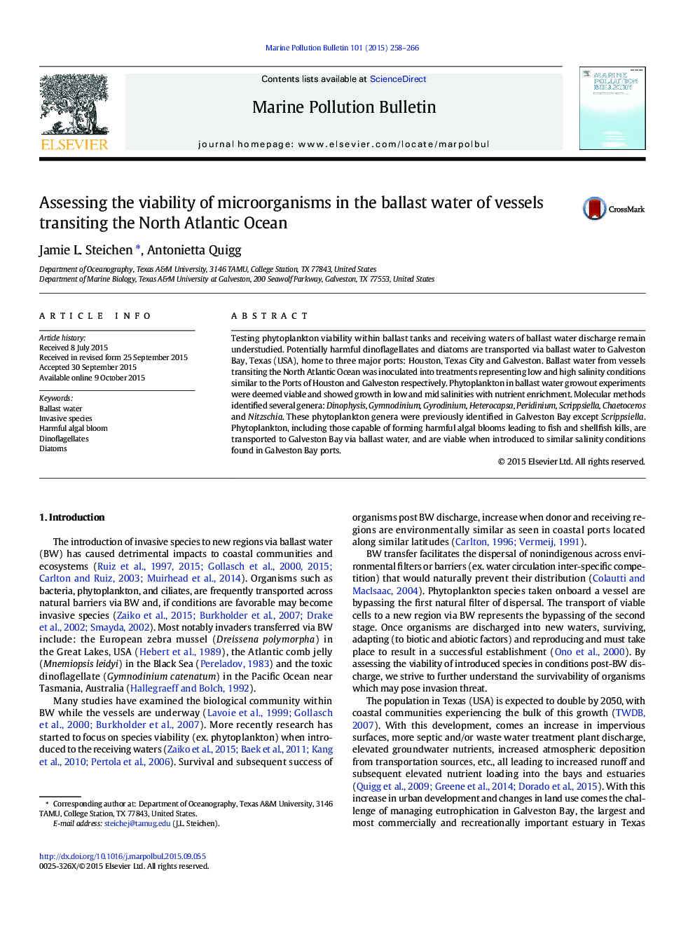 Assessing the viability of microorganisms in the ballast water of vessels transiting the North Atlantic Ocean