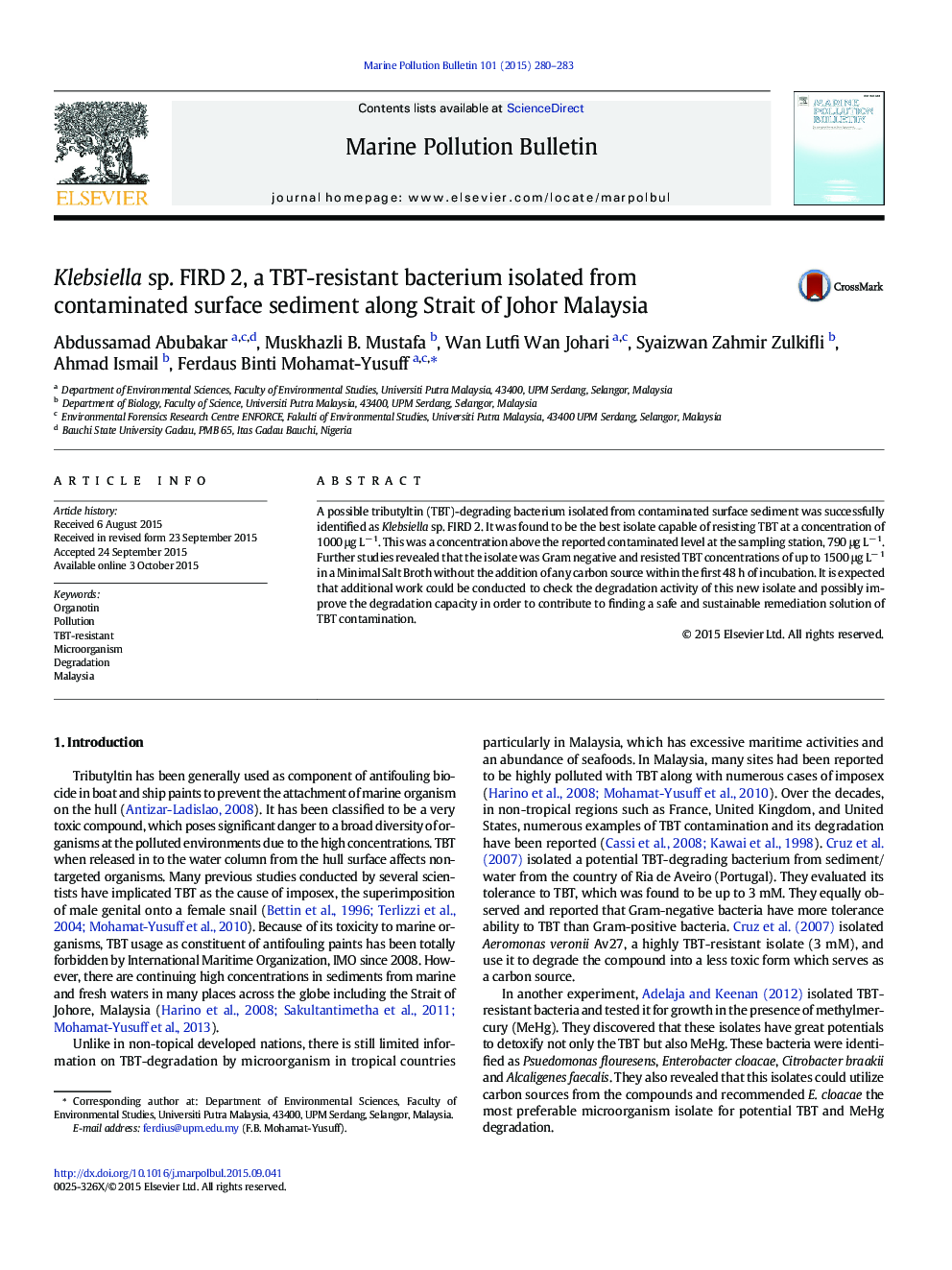 Klebsiella sp. FIRD 2, a TBT-resistant bacterium isolated from contaminated surface sediment along Strait of Johor Malaysia