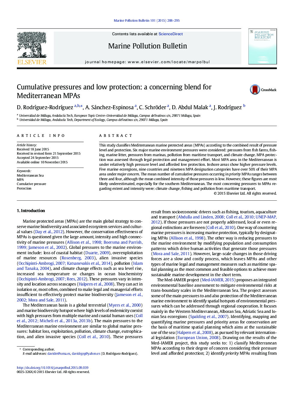 Cumulative pressures and low protection: a concerning blend for Mediterranean MPAs