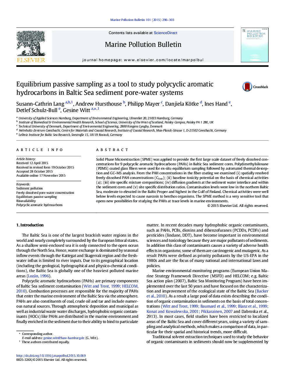 Equilibrium passive sampling as a tool to study polycyclic aromatic hydrocarbons in Baltic Sea sediment pore-water systems