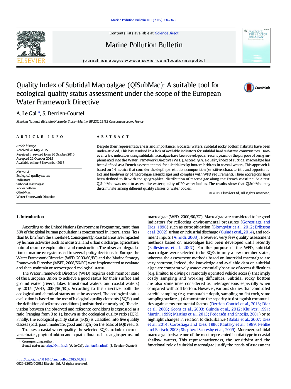 Quality Index of Subtidal Macroalgae (QISubMac): A suitable tool for ecological quality status assessment under the scope of the European Water Framework Directive