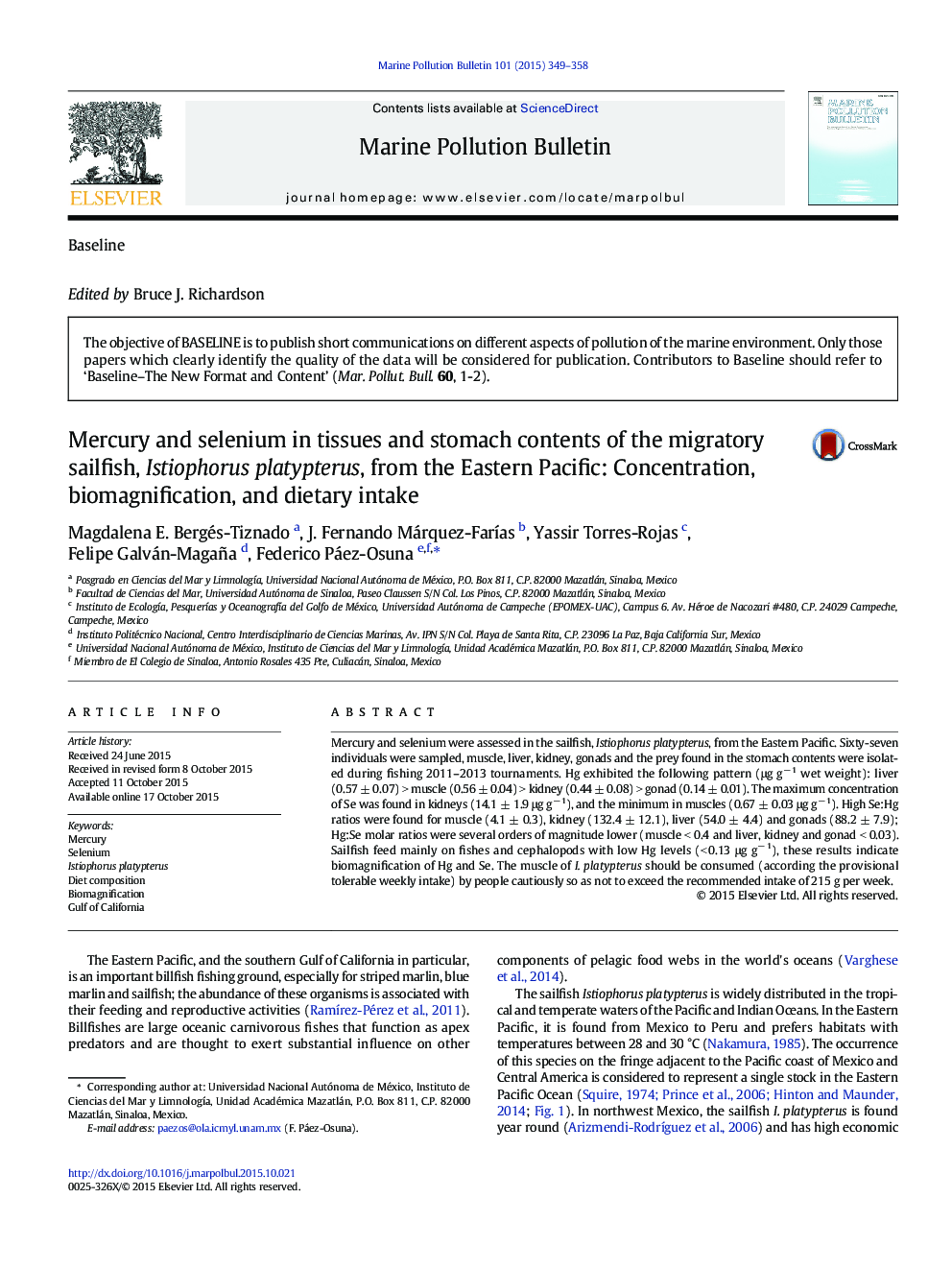 Mercury and selenium in tissues and stomach contents of the migratory sailfish, Istiophorus platypterus, from the Eastern Pacific: Concentration, biomagnification, and dietary intake