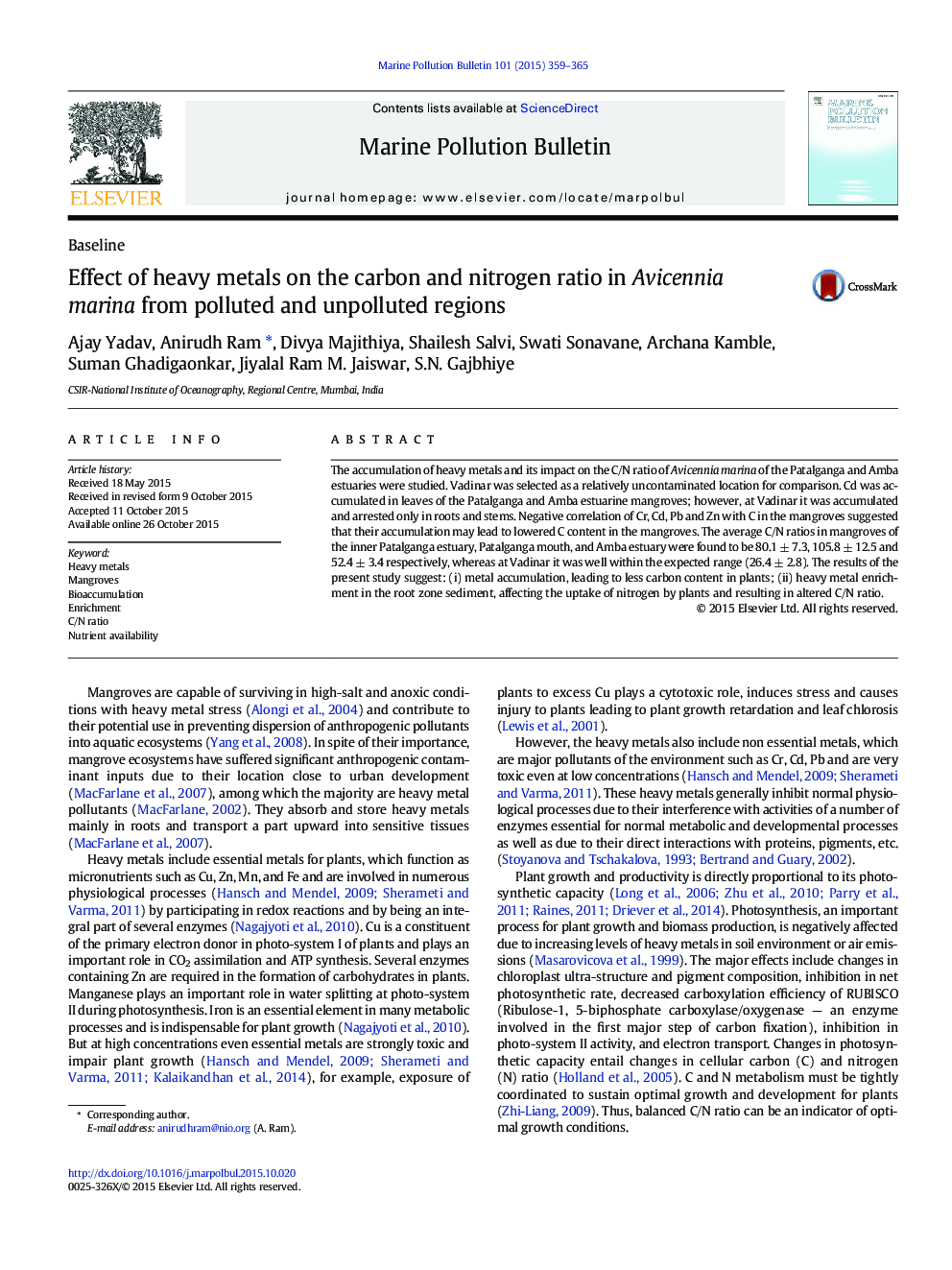 Effect of heavy metals on the carbon and nitrogen ratio in Avicennia marina from polluted and unpolluted regions