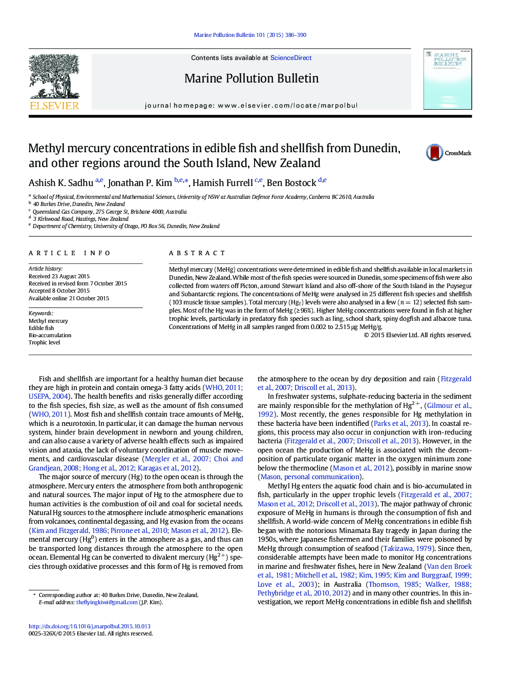 Methyl mercury concentrations in edible fish and shellfish from Dunedin, and other regions around the South Island, New Zealand