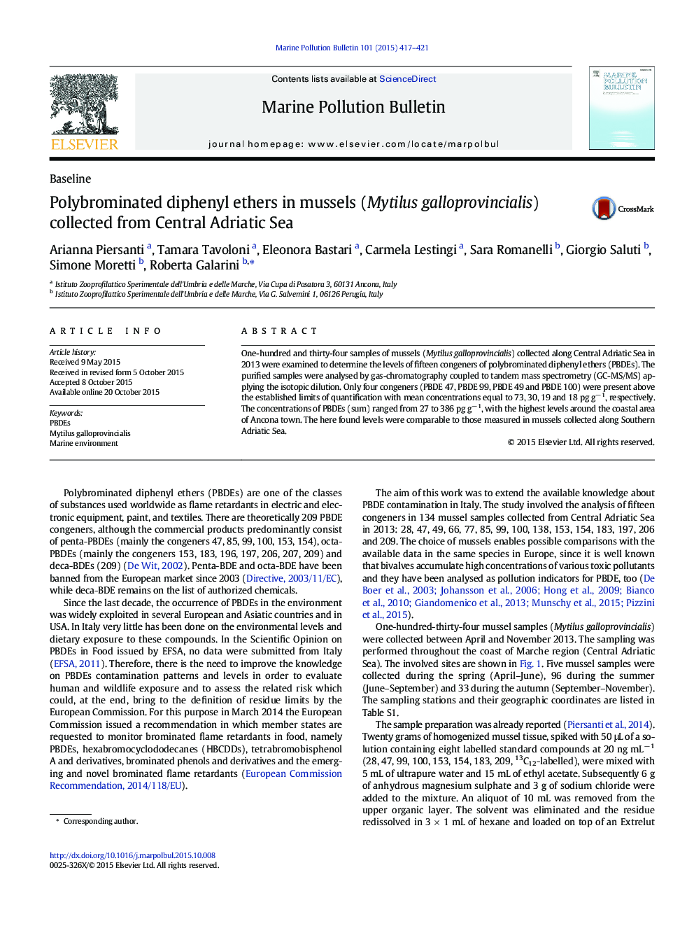 Polybrominated diphenyl ethers in mussels (Mytilus galloprovincialis) collected from Central Adriatic Sea