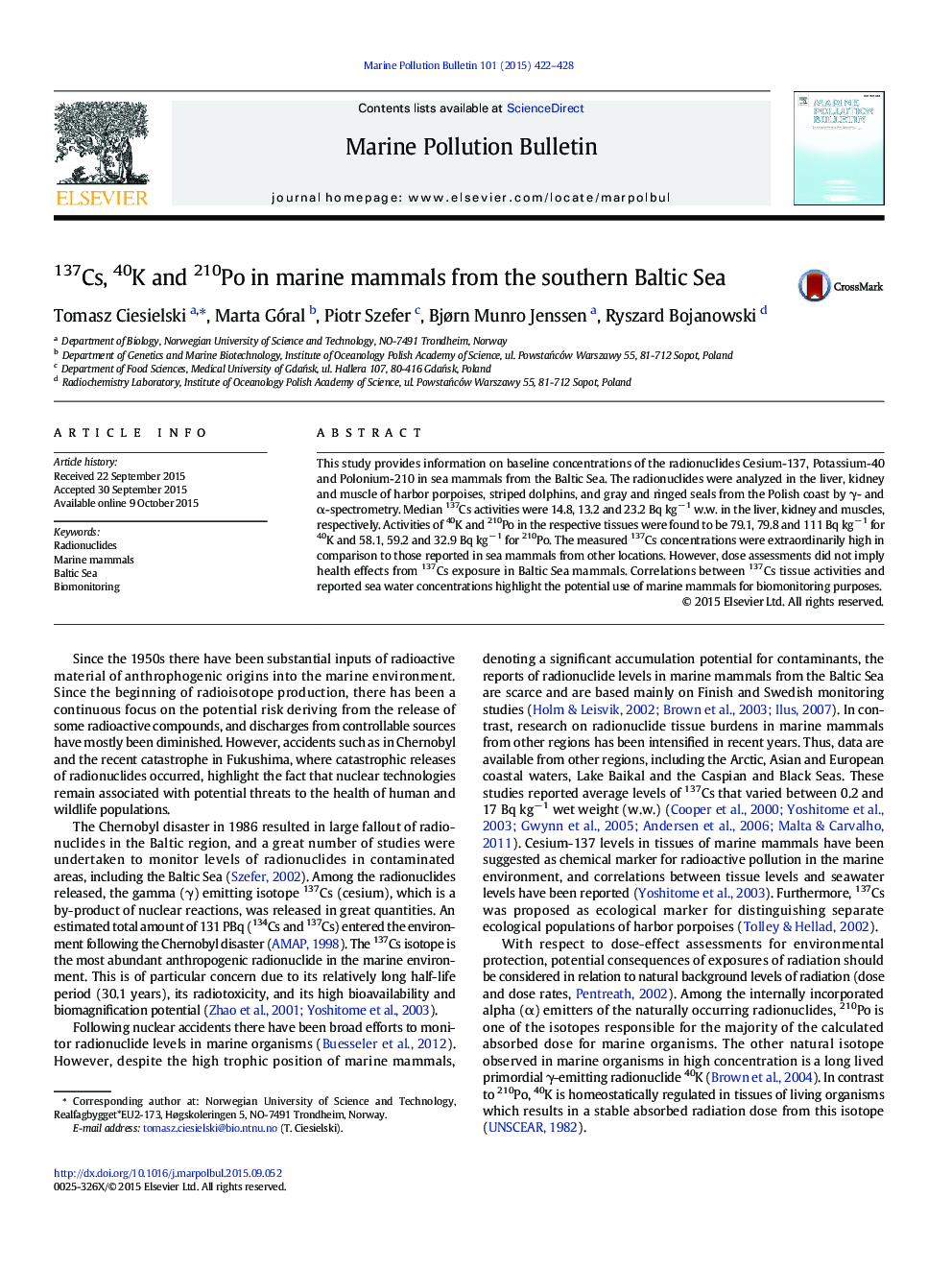 137Cs, 40K and 210Po in marine mammals from the southern Baltic Sea