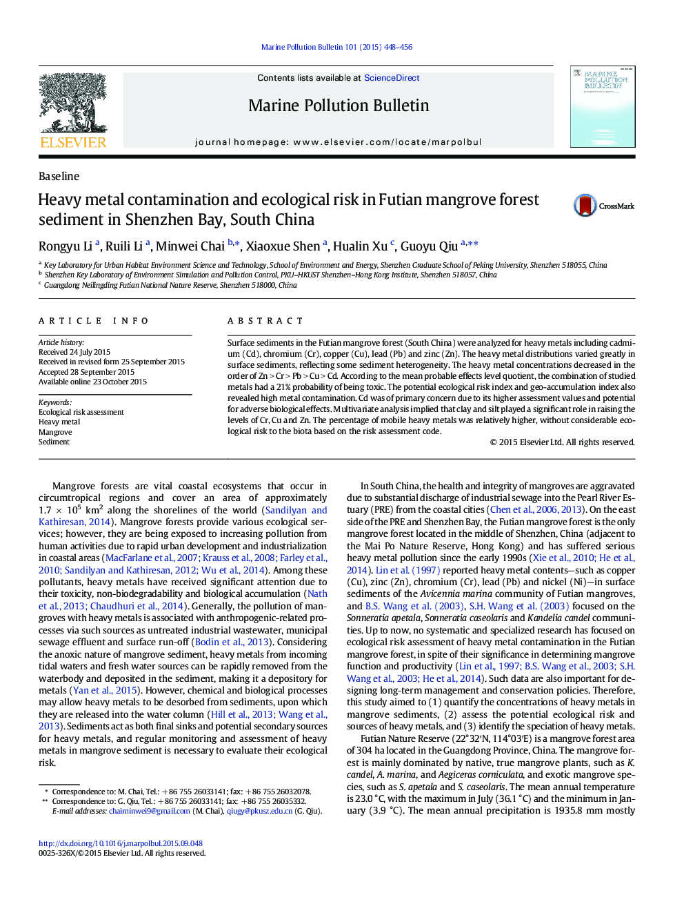 Heavy metal contamination and ecological risk in Futian mangrove forest sediment in Shenzhen Bay, South China