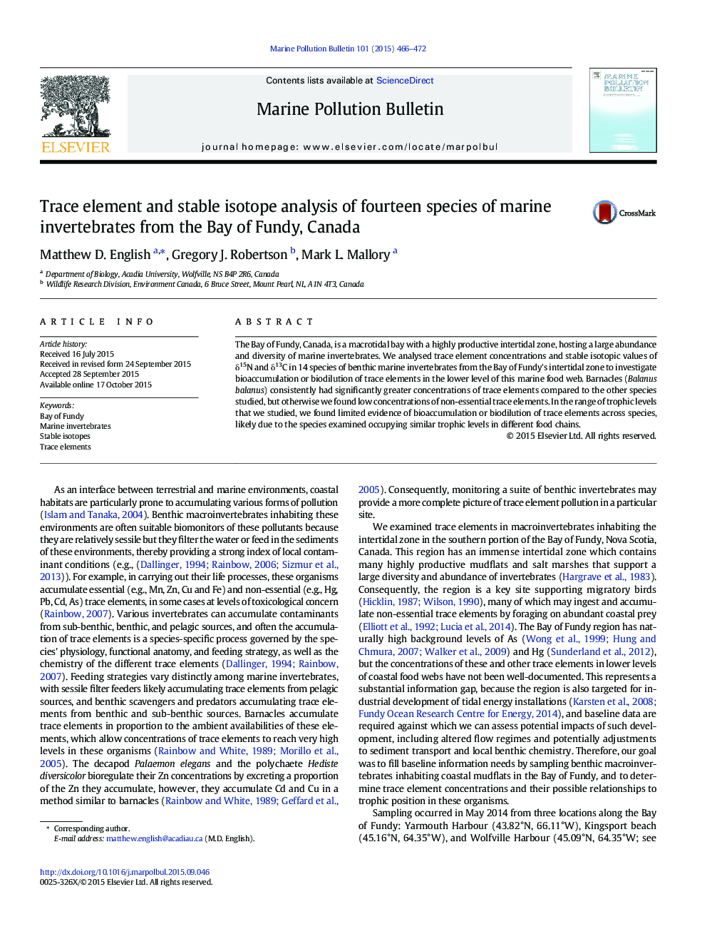 Trace element and stable isotope analysis of fourteen species of marine invertebrates from the Bay of Fundy, Canada