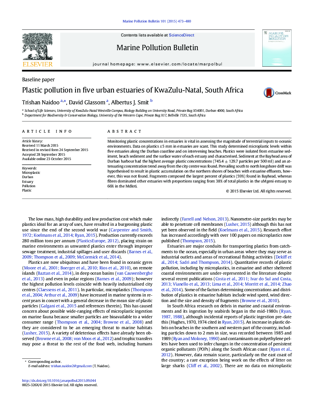 Plastic pollution in five urban estuaries of KwaZulu-Natal, South Africa