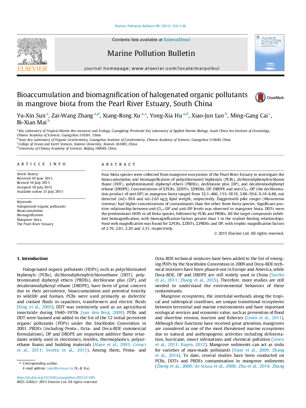 Bioaccumulation and biomagnification of halogenated organic pollutants in mangrove biota from the Pearl River Estuary, South China