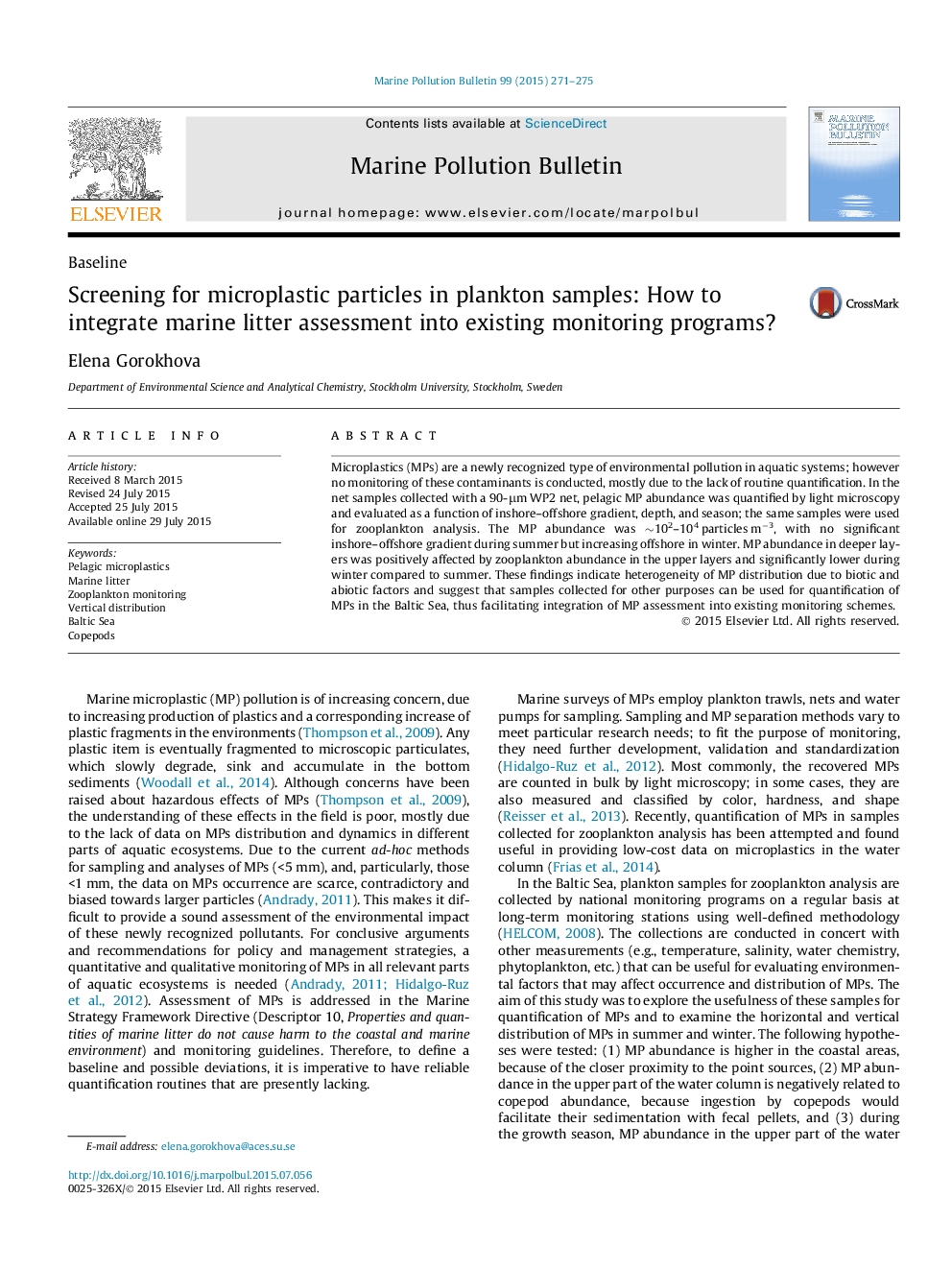 Screening for microplastic particles in plankton samples: How to integrate marine litter assessment into existing monitoring programs?