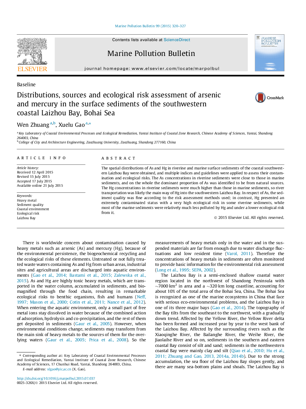 Distributions, sources and ecological risk assessment of arsenic and mercury in the surface sediments of the southwestern coastal Laizhou Bay, Bohai Sea