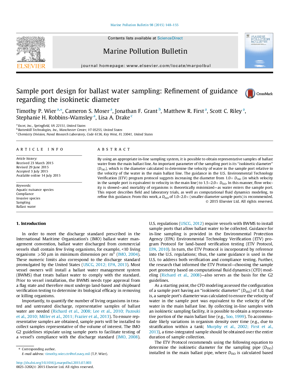 Sample port design for ballast water sampling: Refinement of guidance regarding the isokinetic diameter