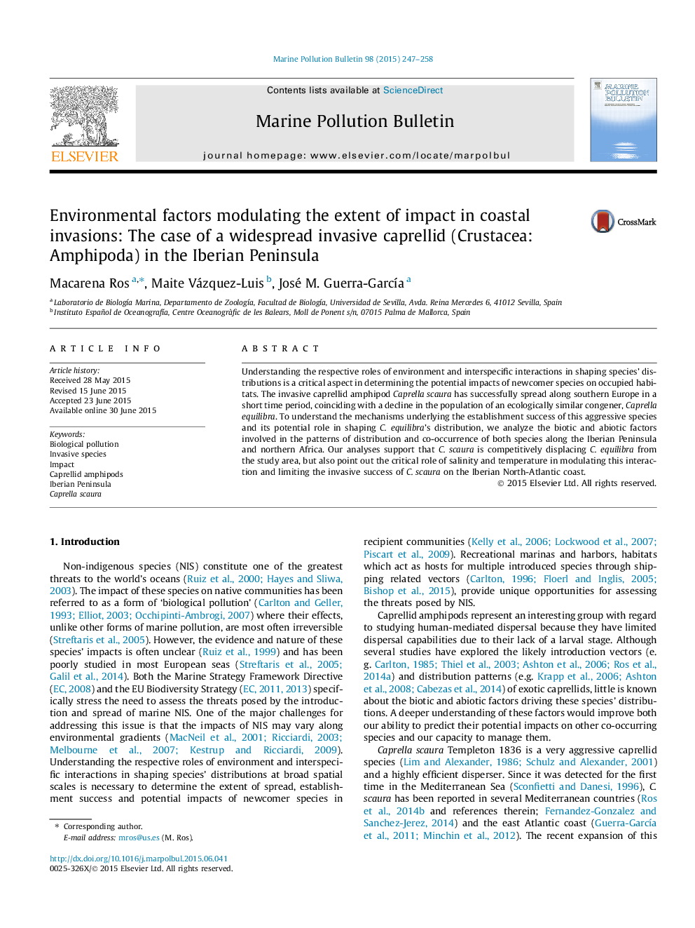 Environmental factors modulating the extent of impact in coastal invasions: The case of a widespread invasive caprellid (Crustacea: Amphipoda) in the Iberian Peninsula