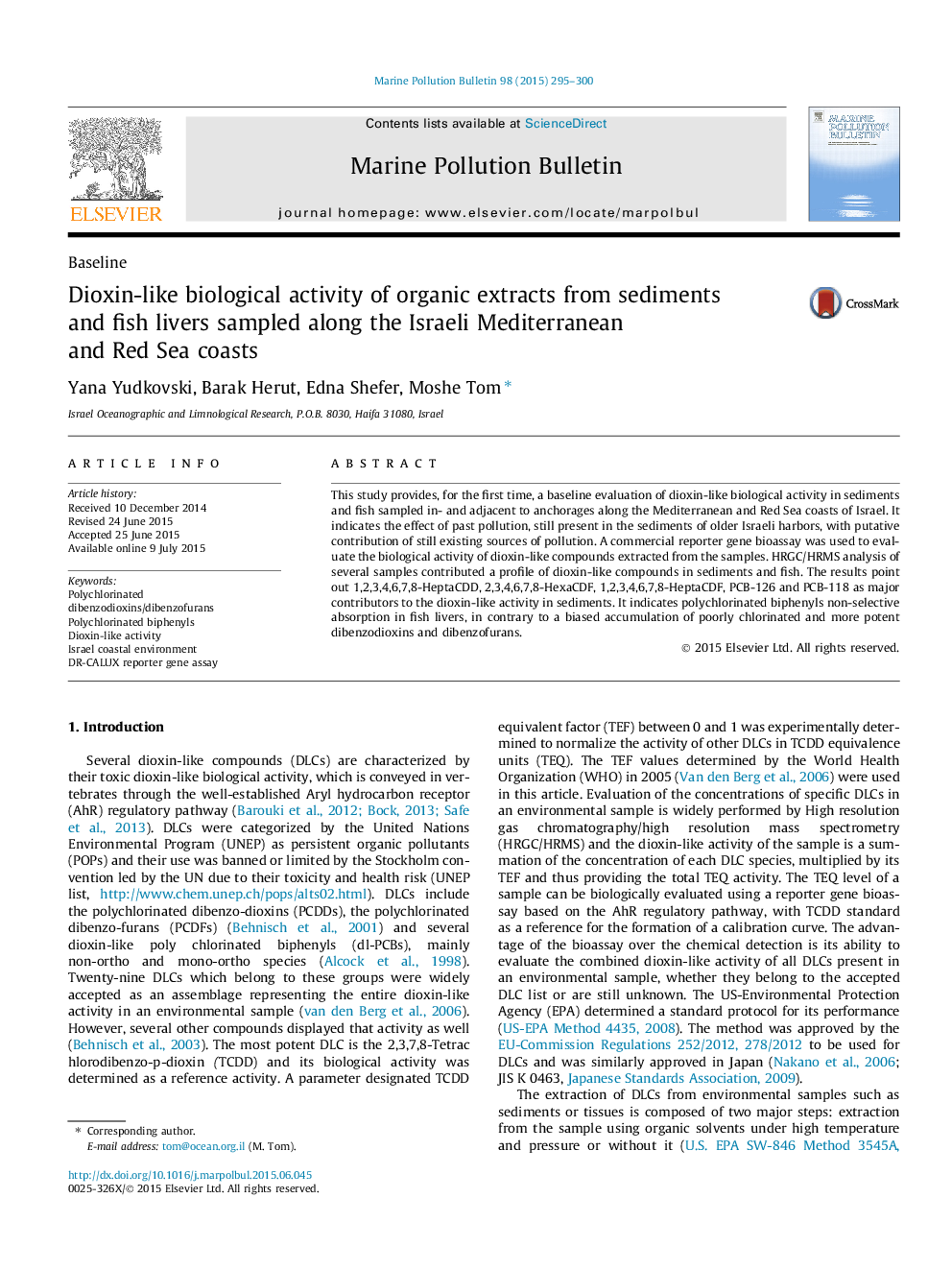 Dioxin-like biological activity of organic extracts from sediments and fish livers sampled along the Israeli Mediterranean and Red Sea coasts