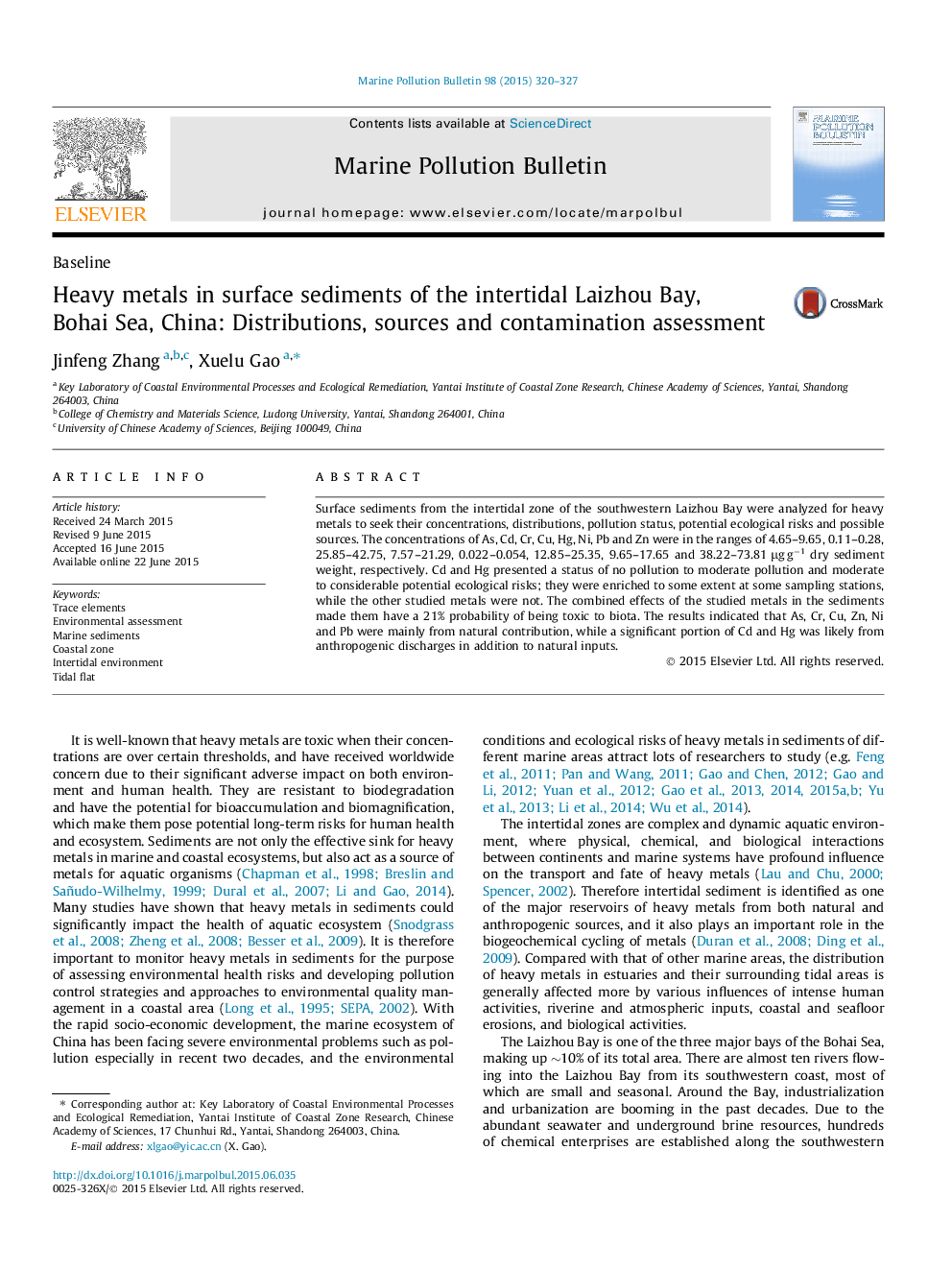 Heavy metals in surface sediments of the intertidal Laizhou Bay, Bohai Sea, China: Distributions, sources and contamination assessment