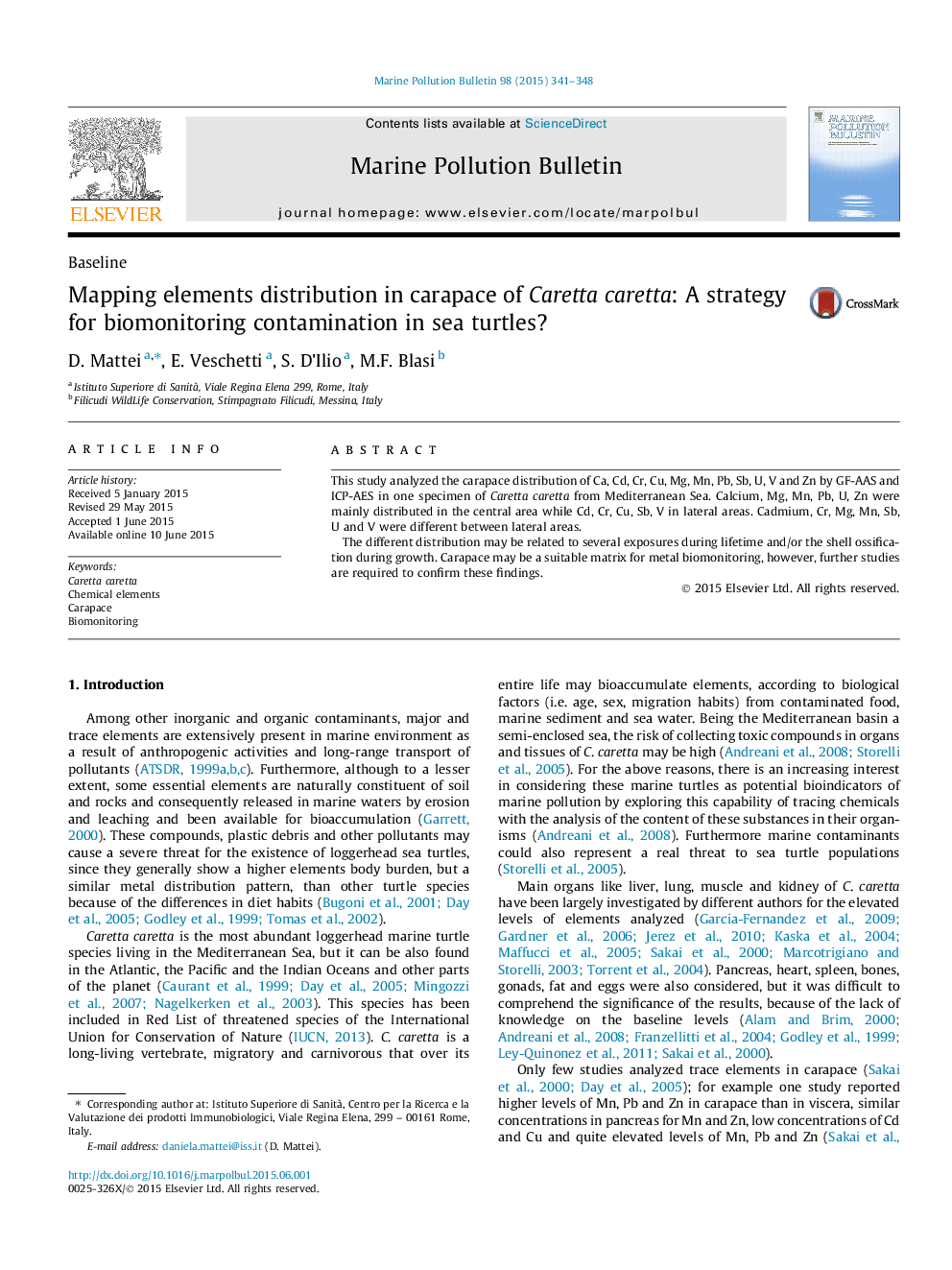 Mapping elements distribution in carapace of Caretta caretta: A strategy for biomonitoring contamination in sea turtles?