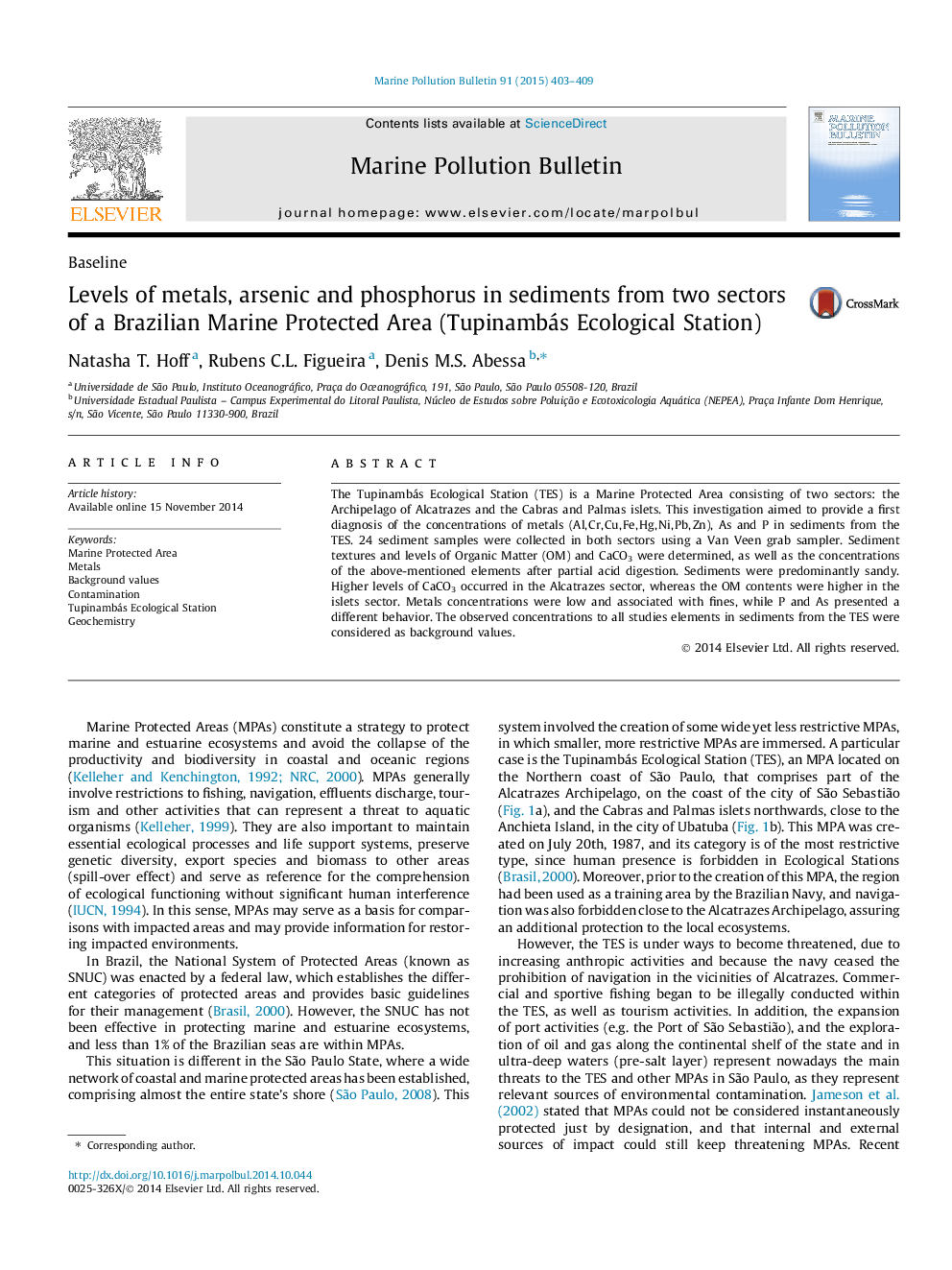 Levels of metals, arsenic and phosphorus in sediments from two sectors of a Brazilian Marine Protected Area (Tupinambás Ecological Station)