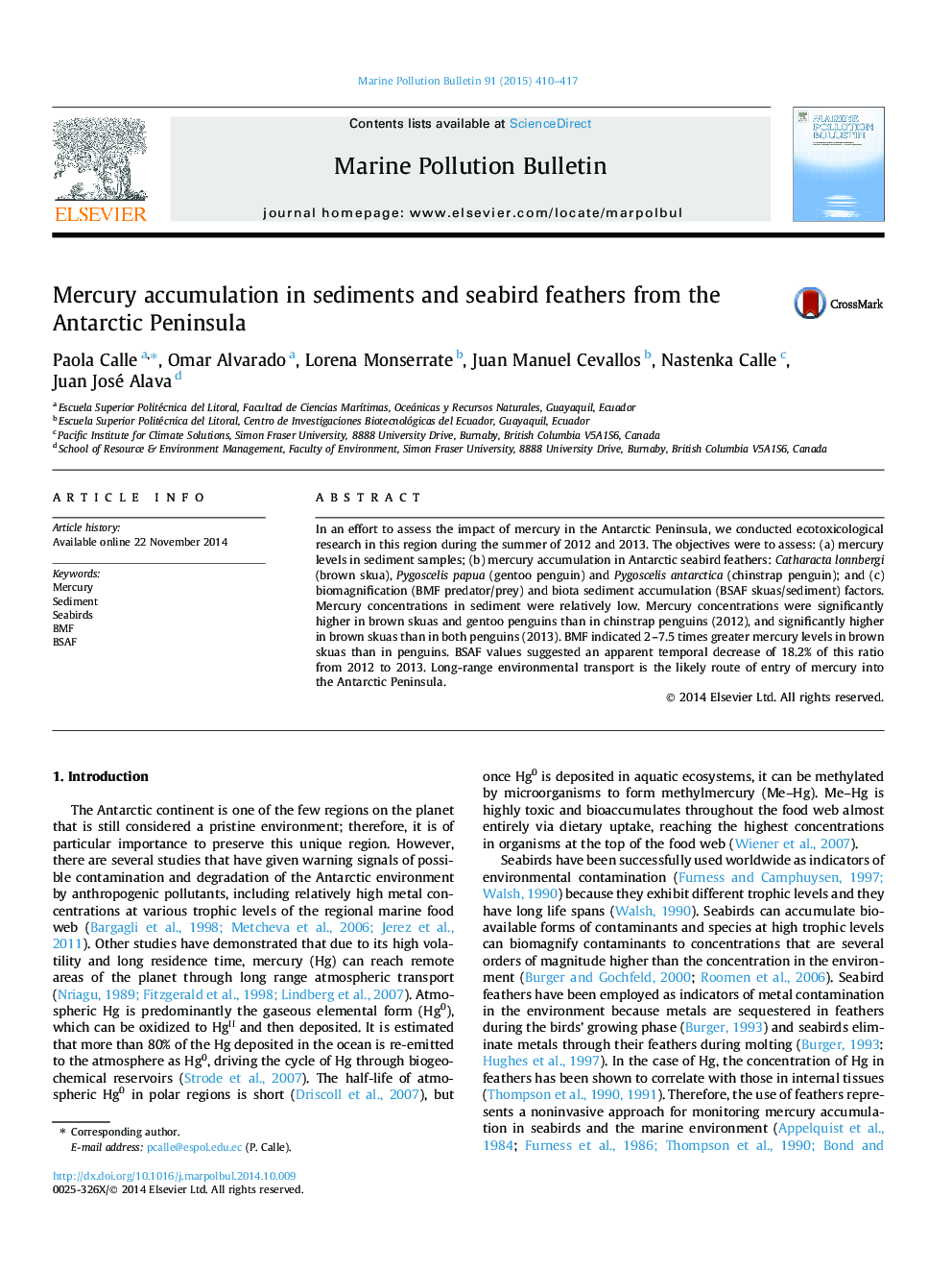 Mercury accumulation in sediments and seabird feathers from the Antarctic Peninsula