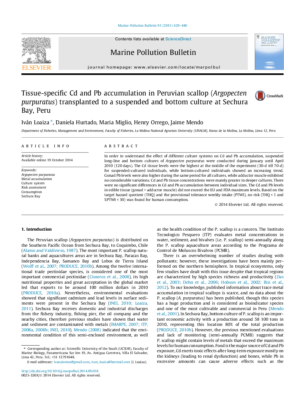 Tissue-specific Cd and Pb accumulation in Peruvian scallop (Argopecten purpuratus) transplanted to a suspended and bottom culture at Sechura Bay, Peru