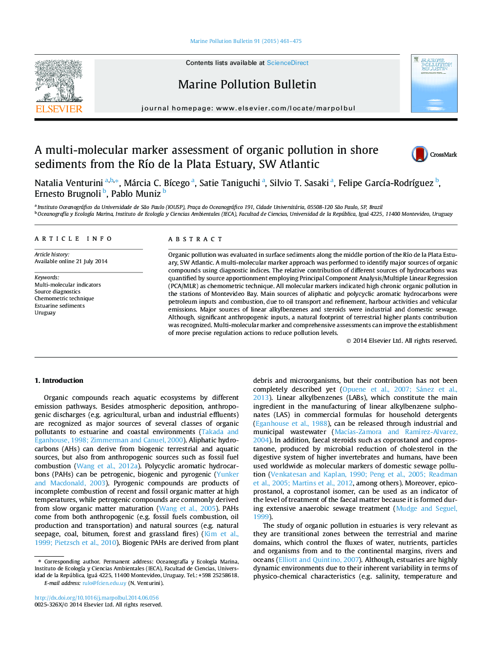 A multi-molecular marker assessment of organic pollution in shore sediments from the RÃ­o de la Plata Estuary, SW Atlantic