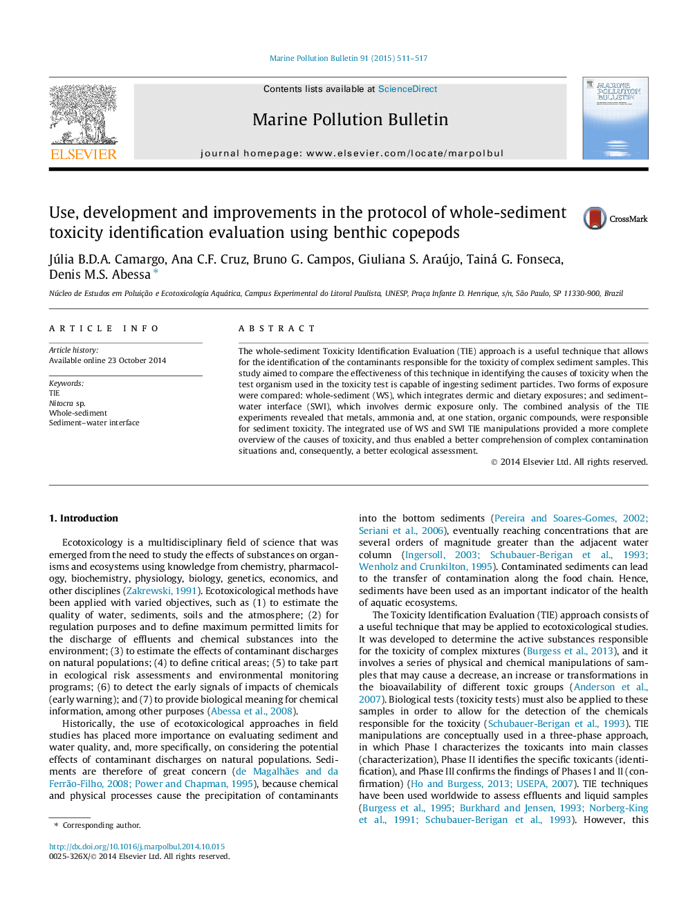 Use, development and improvements in the protocol of whole-sediment toxicity identification evaluation using benthic copepods