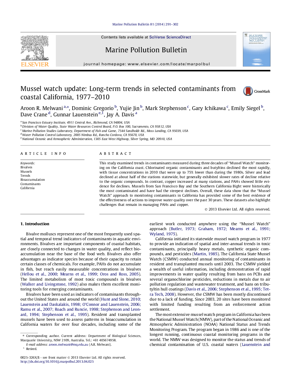 Mussel watch update: Long-term trends in selected contaminants from coastal California, 1977–2010