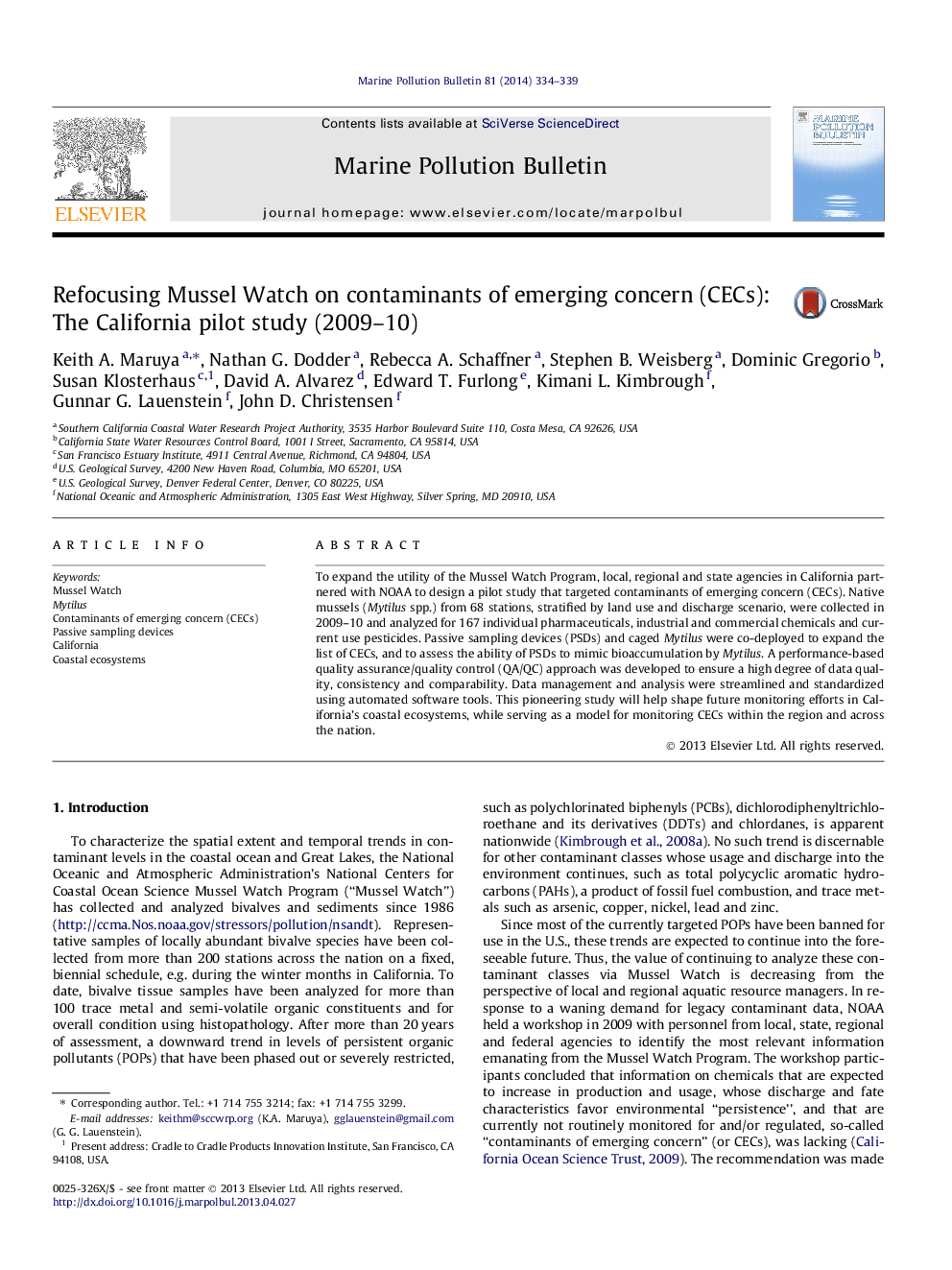 Refocusing Mussel Watch on contaminants of emerging concern (CECs): The California pilot study (2009–10)