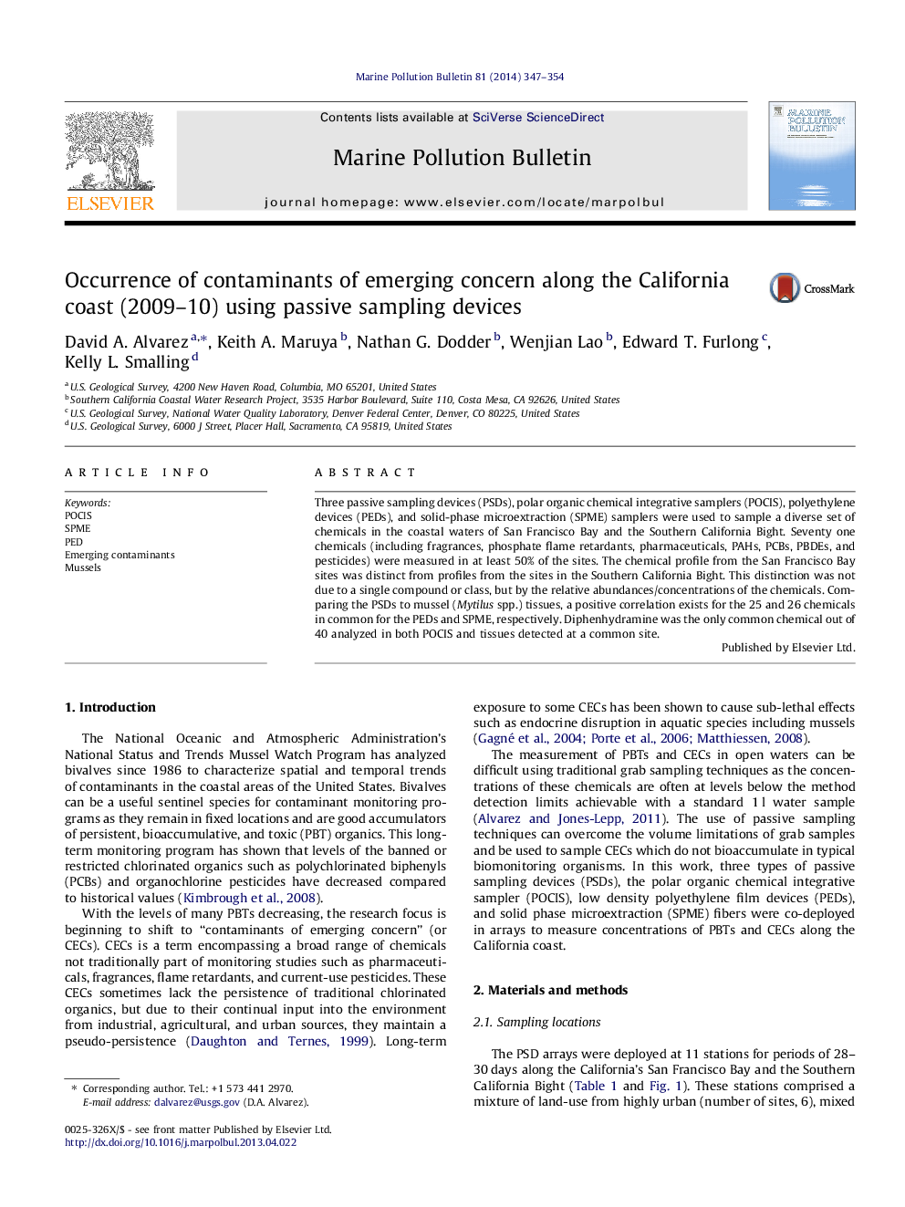 Occurrence of contaminants of emerging concern along the California coast (2009–10) using passive sampling devices