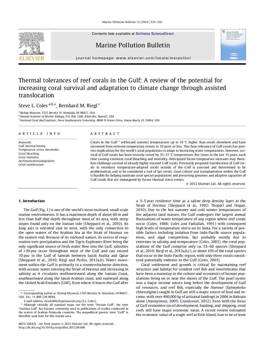 Thermal tolerances of reef corals in the Gulf: A review of the potential for increasing coral survival and adaptation to climate change through assisted translocation