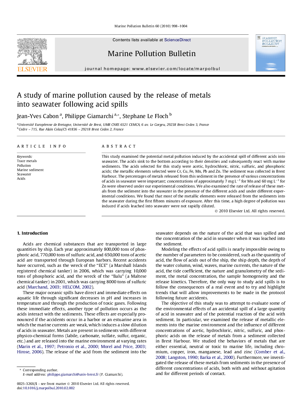 A study of marine pollution caused by the release of metals into seawater following acid spills