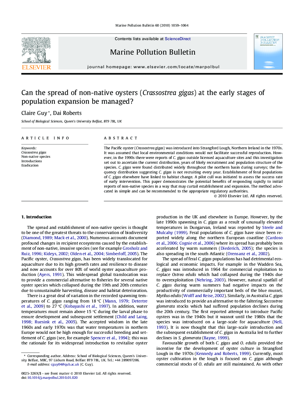 Can the spread of non-native oysters (Crassostrea gigas) at the early stages of population expansion be managed?