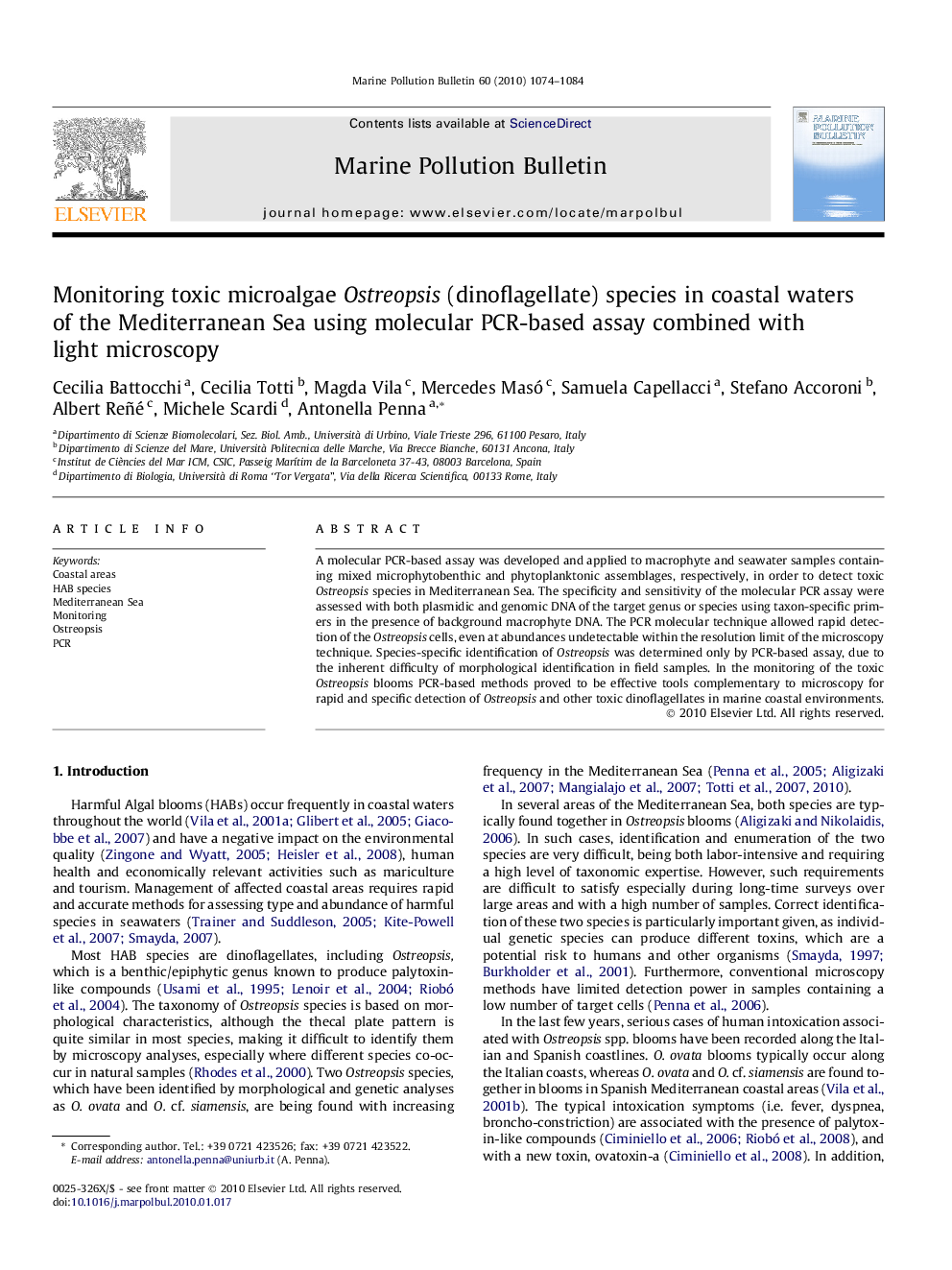 Monitoring toxic microalgae Ostreopsis (dinoflagellate) species in coastal waters of the Mediterranean Sea using molecular PCR-based assay combined with light microscopy