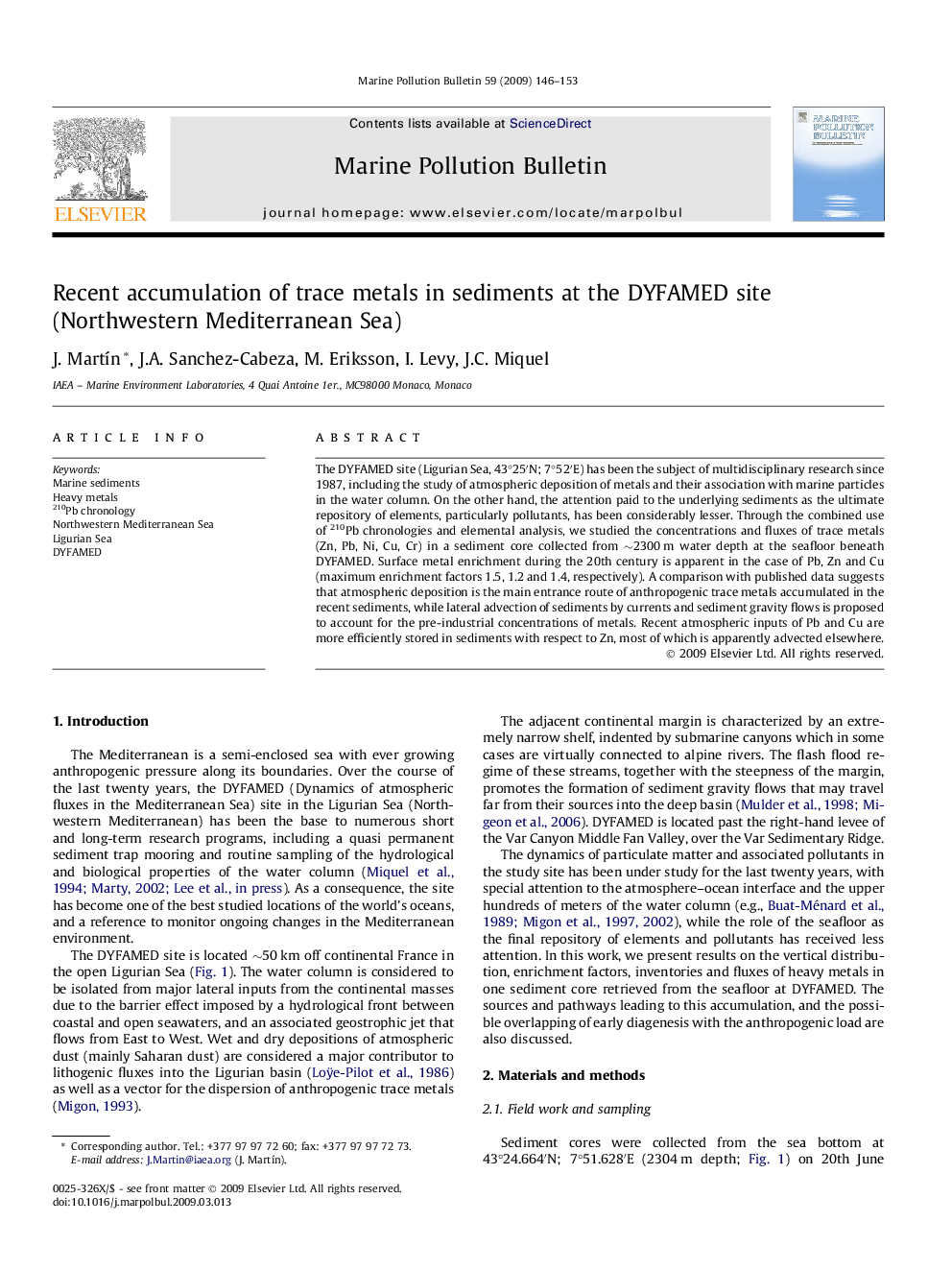 Recent accumulation of trace metals in sediments at the DYFAMED site (Northwestern Mediterranean Sea)