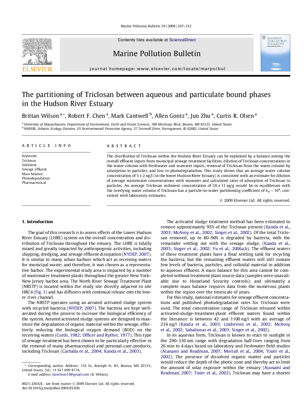 The partitioning of Triclosan between aqueous and particulate bound phases in the Hudson River Estuary