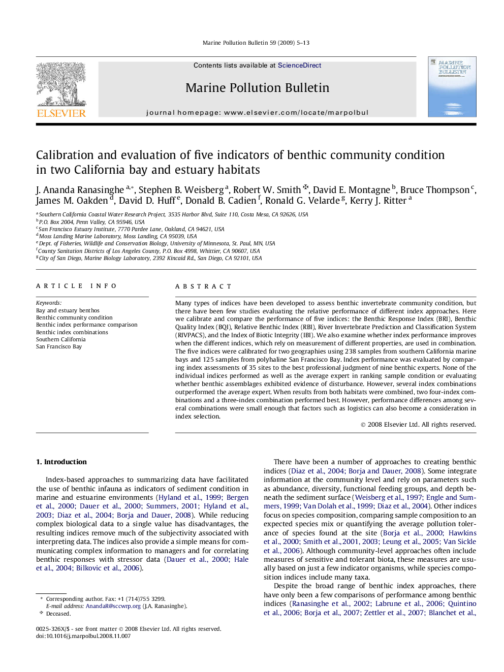 Calibration and evaluation of five indicators of benthic community condition in two California bay and estuary habitats