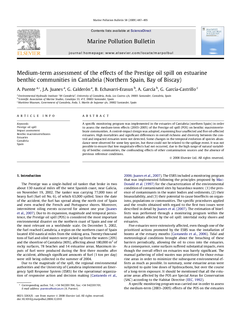 Medium-term assessment of the effects of the Prestige oil spill on estuarine benthic communities in Cantabria (Northern Spain, Bay of Biscay)