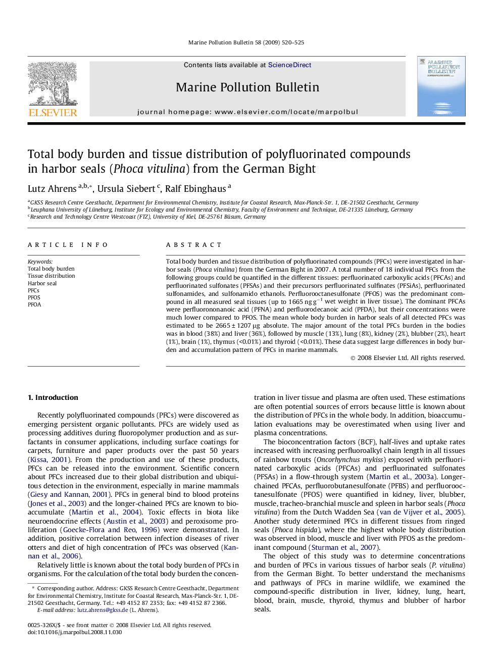 Total body burden and tissue distribution of polyfluorinated compounds in harbor seals (Phoca vitulina) from the German Bight