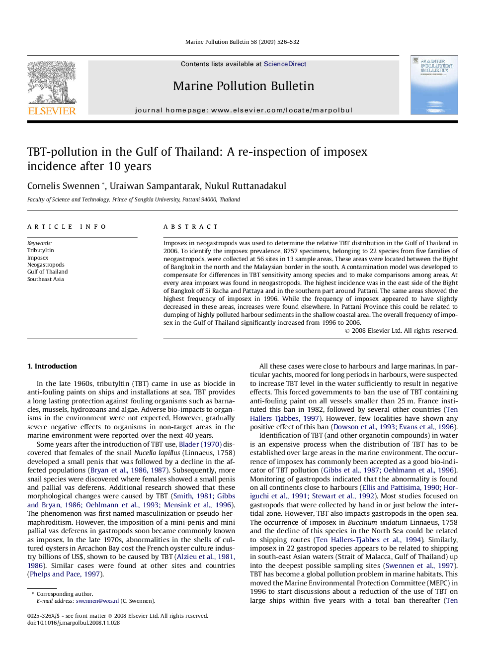 TBT-pollution in the Gulf of Thailand: A re-inspection of imposex incidence after 10 years