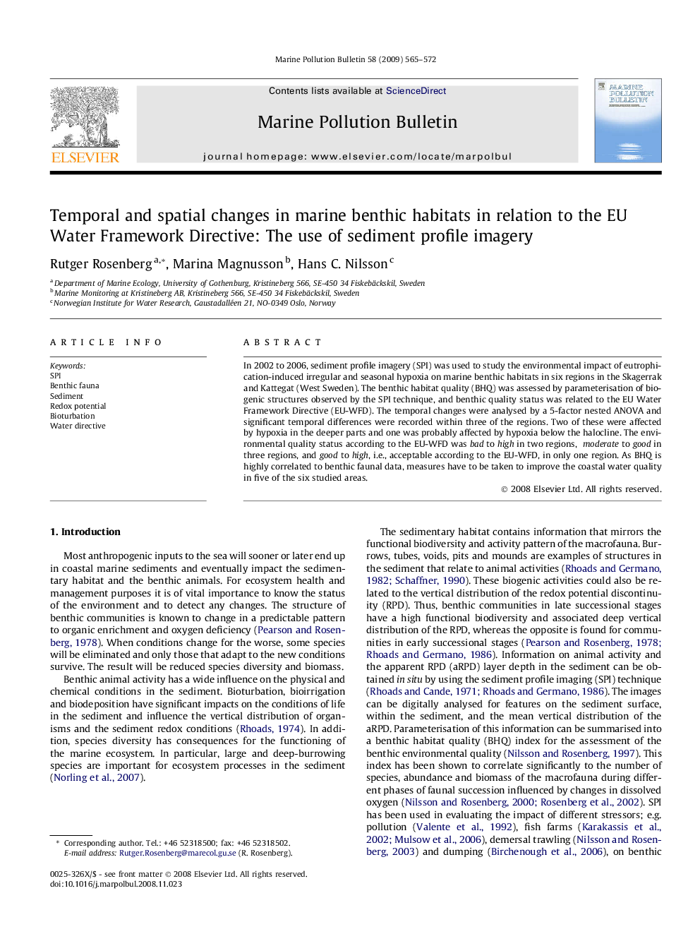 Temporal and spatial changes in marine benthic habitats in relation to the EU Water Framework Directive: The use of sediment profile imagery