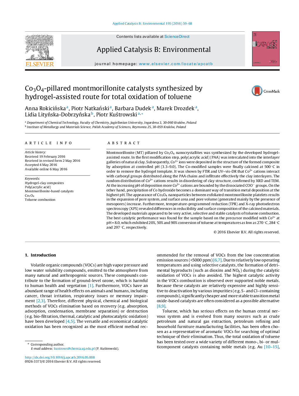 Co3O4-pillared montmorillonite catalysts synthesized by hydrogel-assisted route for total oxidation of toluene