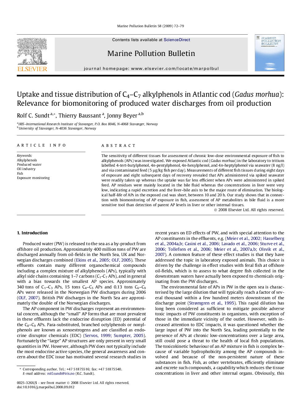 Uptake and tissue distribution of C4–C7 alkylphenols in Atlantic cod (Gadus morhua): Relevance for biomonitoring of produced water discharges from oil production