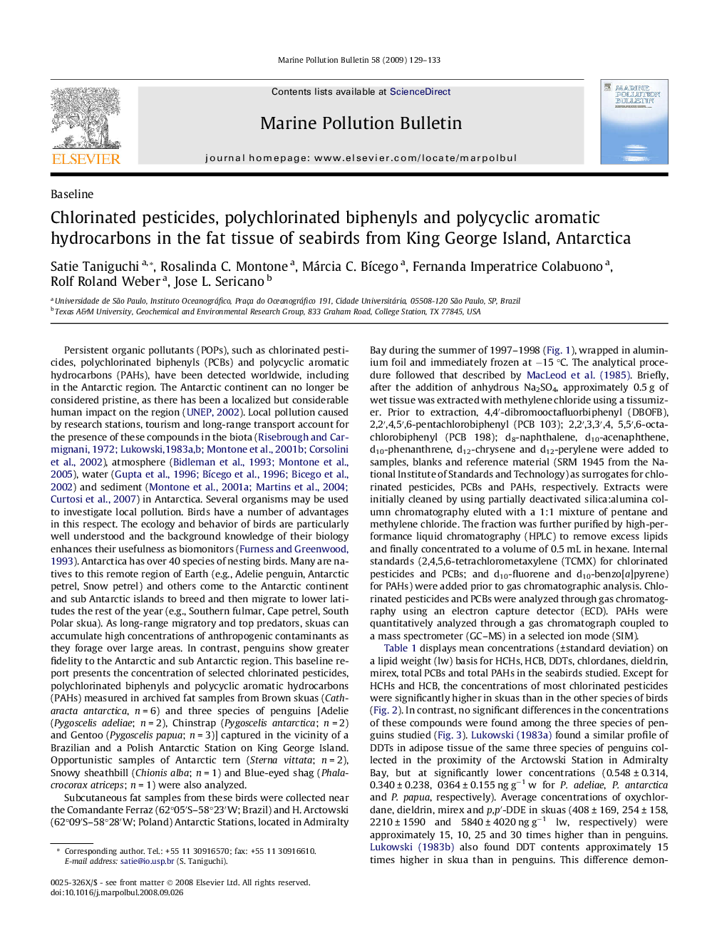 Chlorinated pesticides, polychlorinated biphenyls and polycyclic aromatic hydrocarbons in the fat tissue of seabirds from King George Island, Antarctica