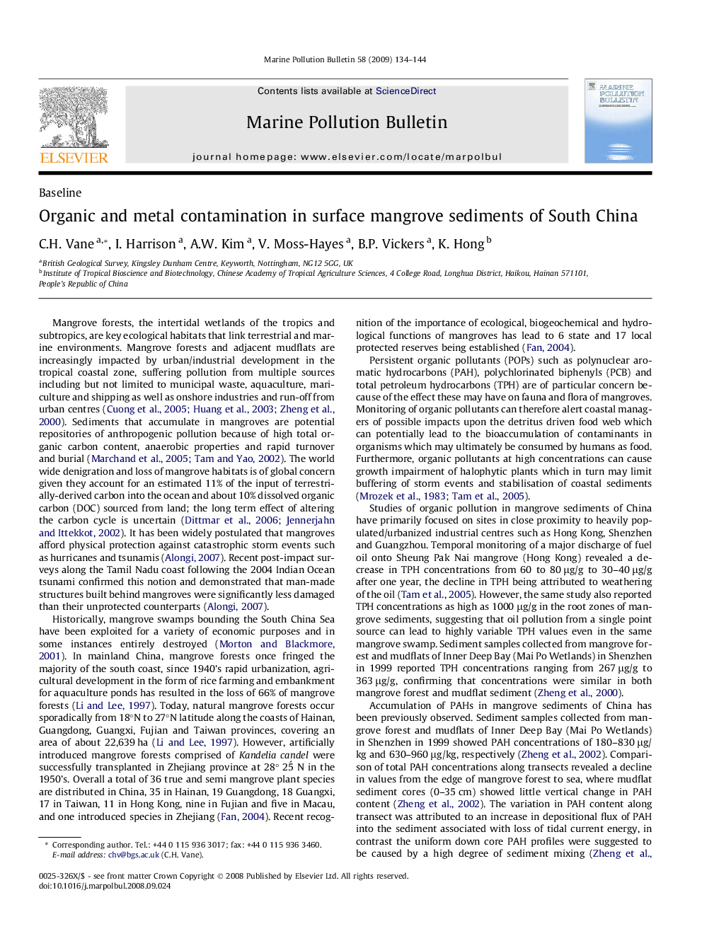 Organic and metal contamination in surface mangrove sediments of South China