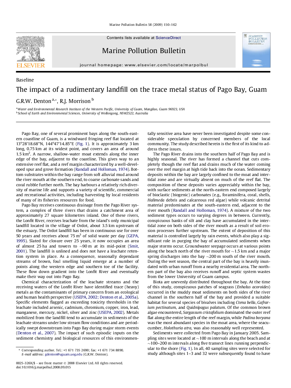 The impact of a rudimentary landfill on the trace metal status of Pago Bay, Guam