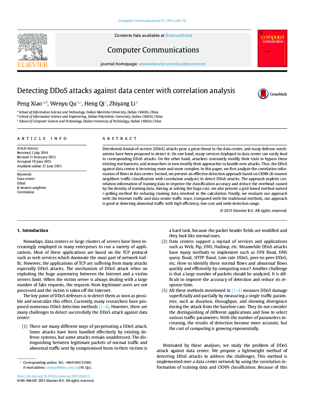 Detecting DDoS attacks against data center with correlation analysis